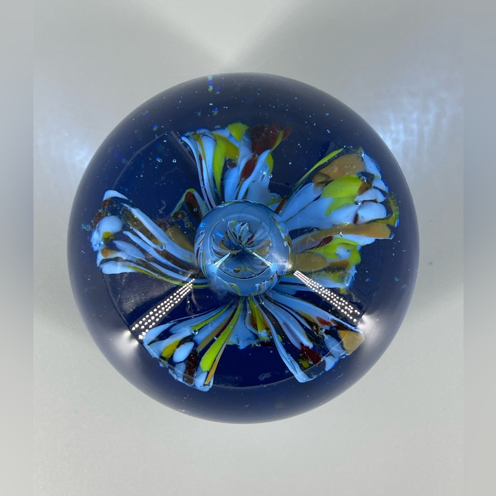 Blown Art Glass Paperweight with Blue Flower and Center Bubble